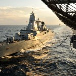 The German navy frigate Hessen (F221) pulls alongside the aircraft carrier USS Dwight D. Eisenhower (CVN 69) for a refueling at sea. This is the first time Dwight D. Eisenhower has provided fuel for a German ship. Dwight D. Eisenhower is conducting a three week Composite Training Unit Exercise in preparation for its upcoming 2010 deployment. COMPTUEX is a training exercise along the East Coast from Virginia to Florida.<em>Credit: Navy Visual News Service, 11/5/09</em> Refueling German Frigate