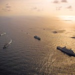 A multi-national naval force, including the San Antonio class-amphibious transport dock ship USS Mesa Verde, USS Doyle, USCGC Mohawk, the Colombian navy frigate ARC Independiente, the Dutch navy auxiliary ship HMNLS Amsterdam, and the Uruguayan navy frigate General Artigas, underway in formation as part of Fuerzas Aliadas PANAMAX 2009. FA PANAMAX is an annual multi-national training exercise tailored to the defense of the Panama Canal. The USN sees such exercises and operations as a key tool in shaping their approach to a global maritime partnership. <br />Source: US Navy Visual News Service 9/14/09 Multi-national naval force