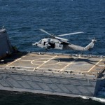 The littoral combat ship USS Freedom conducts flight deck certification with an MH-60S Sea Hawk helicopter assigned to the Sea Knights of Helicopter Sea Combat Squadron 22. Shaping an effective acquisition strategy for the LCS will be a major test of Obama Administration acquisition strategy. For the USN to keep its ship numbers up to levels necessary for global operations, steady state production of the LCS will be critical. <br />Credit: US Navy Visual News Sercie 9/28/09 USS Freedom