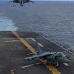 An AV-8B Harrier assigned to the Marine Medium Helicopter Squadron 166 (Reinforced) lands aboard the amphibious assault ship USS Bonhomme Richard while underway. Bonhomme Richard, the flagship for the Bonhomme Richard Amphibious Ready Group is on a scheduled deployment supporting maritime strategy. The Harrier will be replaced by the F-35B and is viewed by the USMC as the centerpiece multi-mission platform enabling the MAGTF and is considered to be a “flying combat system” by the USMC. <br />Source: USN Visual News Service 9/28/09 AV-8B Harrier Landing