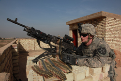 Security Efforts Continue A U.S. Soldier assigned to 1st Platoon, Charlie Company, 1st Battalion, 38th Infantry Brigade, guards an area during his shift in Baghdad, Iraq. The U.S. Soldiers were securing a patrol base near a voting poll during Iraqi election day. (Courtesy Photo: U.S. Army photo by Spc. Advin Illa-Medina, Joint Combat Camera Center Iraq, Abu Ghraib, March 7th, 2010)