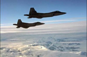 A pair of F-22 fighters escort Fencing 1220, a Gulfstream 4 simulating a hijacked airliner, over Alaska as part of Exercise VIGILANT EAGLE (Credit Photo: Maj. Mike Humphreys/U.S. Army, August 8, 2010 via NORAD) A pair of F-22 fighters escort Fencing 1220, a Gulfstream 4 simulating a hijacked airliner, over Alaska as part of Exercise VIGILANT EAGLE (Credit Photo: Maj. Mike Humphreys/U.S. Army, August 8, 2010 via NORAD)