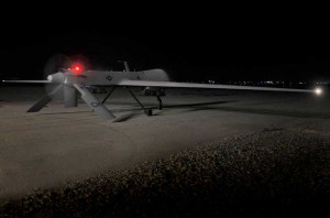 An MQ-1 Predator Unmanned Aerial Vehicle launches for a night flight mission over southeastern Iraq, July 29, 2009. The aircraft serves in a surveillance and reconnaissance role but is also capable of firing two AGM-114 Hellfire missiles (Credit: 407th Expeditionary Group Public Affairs, 8/15/09) An MQ-1 Predator Unmanned Aerial Vehicle launches for a night flight mission over southeastern Iraq, July 29, 2009. The aircraft serves in a surveillance and reconnaissance role but is also capable of firing two AGM-114 Hellfire missiles (Credit: 407th Expeditionary Group Public Affairs, 8/15/09)