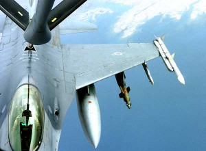 An F-16 Fighting Falcon connects with the refueling boom of a KC-135 Stratotanker. The refueling mission took place over Iraq, in support of Operation Iraqi Freedom. The KC-135 is part of the 340th Expeditionary Air Refueling Squadron, Southwest Asia, while the F-16 deployed from Hill Air Force Base, Utah, to Balad Air Base, Iraq. (Credit: US Central Command Air Forces 05/07/06) An F-16 Fighting Falcon connects with the refueling boom of a KC-135 Stratotanker. The refueling mission took place over Iraq, in support of Operation Iraqi Freedom. The KC-135 is part of the 340th Expeditionary Air Refueling Squadron, Southwest Asia, while the F-16 deployed from Hill Air Force Base, Utah, to Balad Air Base, Iraq. (Credit: US Central Command Air Forces 05/07/06)