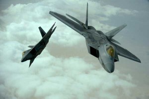 U.S. Air Force F-22 Raptors fly in formation during a training mission, Dec. 6, 2009. (Credit: USAF) U.S. Air Force F-22 Raptors fly in formation during a training mission, Dec. 6, 2009. (Credit: USAF)