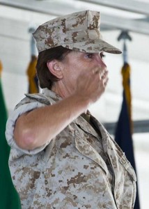 Marine Col. Laura Sampsel gives her final salute to her squadrons during the 33rd Maintenance Group change of command ceremony July 22 at Eglin Air Force Base, Fla. Col. Mark Fluker took command of the group from Sampsel. (Credit: USAF) Marine Col. Laura Sampsel gives her final salute to her squadrons during the 33rd Maintenance Group change of command ceremony July 22 at Eglin Air Force Base, Fla. Col. Mark Fluker took command of the group from Sampsel. (Credit: USAF)