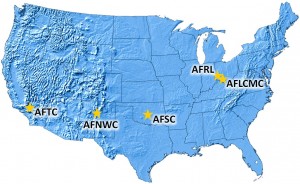 Air Force Materiel Command officials will restructure from 12 centers to five: the Air Force Test Center at Edwards Air Force Base, Calif.; the Air Force Nuclear Weapons Center at Kirtland AFB, N.M.; the Air Force Sustainment Center at Tinker AFB, Okla.; the Air Force Research Laboratory and the Air Force Life Cycle Management Center, both at Wright-Patterson AFB, Ohio. Credit: U.S. Air Force graphic