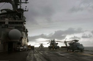 Amphibious assault ship USS Kearsarge (LHD 3) prepares to launch a UH-1N Huey and two CH-53E Sea Stallion helicopters assigned to Marine Medium Helicopter Squadron (HMM) 261. (Credit: USN Visual Service, 11/3/07) Amphibious assault ship USS Kearsarge (LHD 3) prepares to launch a UH-1N Huey and two CH-53E Sea Stallion helicopters assigned to Marine Medium Helicopter Squadron (HMM) 261. (Credit: USN Visual Service, 11/3/07)