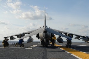 Harrier being secured aboard USS Kearsarge.