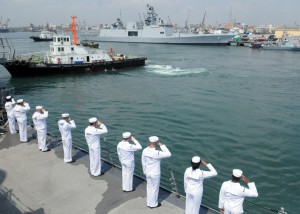 ailors aboard the guided-missile destroyer USS Halsey (DDG 97) salute an Indian navy ship as Halsey prepares to pull into Chennai, India. Halsey is on a deployment to the Indian Ocean. Credit: Navy Media Content Services, 4/7/12