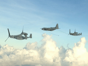 The Oppreys being refueled by a KC-130J. The Marines twin the assets to provide for greater range and endurance in the mission. Credit Photo: Lt. Col Brown