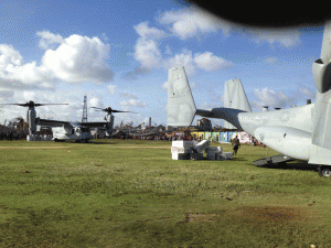 The Ospreys have landed at a school field to provide aid to the survivors of the Typhoon. Credit: Lt. Col. Brown