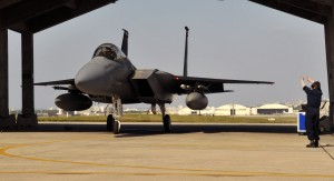 U. S. Air Force Airman 1st Class Logan Esancy, 18th Aircraft Maintenance Unit F-15 Eagle crew chief, inspects an F-15 Eagle before 1st Lt. Jillian Thompson, 44th Fighter Squadron F-15 Eagle pilot, heads to Guam for exercise Forager Fury II at Kadena Air Base, Japan, Nov. 26, 2013. The exercise is designed to employ and assess combat power generation and sustainment in a deployed, austere and unimproved environment. (U.S. Air Force photo by Naoto Anazawa)