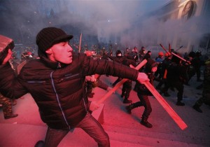 Protesters clash with police in Kiev, Ukraine, on Sunday, January 19, 2004.