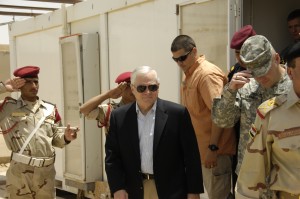 Robert M. Gates, U.S. secretary of defense, exits a building with Iraqi army Maj. Gen. Habib, commander of the 10th Iraqi Army Division, after meeting with U.S. and Iraqi military leaders at Camp Dhi Qar, Contingency Operating Base Adder, Iraq, July 28., 2009. Gates was visiting COB Adder to discuss current U.S. military involvement in Operation Iraqi Freedom. Read more: http://www.dvidshub.net/image/191184/secretary-defense-robert-m-gates-visits-camp-dhi-qar#.Ut2hYHn0C00#ixzz2qyox7mjf