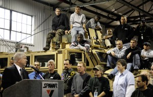 Defense Secretary Robert M. Gates speaks with workers at the vehicle integration facility in Charleston, S.C., Jan. 18, 2008. Defense Dept. photo by Cherie A. Thurlby