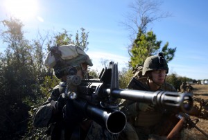 Lance Cpl. Naim K. Olverson sights in during an exercise at Marine Corps Outlying Field Atlantic Jan 13. Olverson is a rifleman for L Company, 3rd Battalion, 6th Marine Regiment.