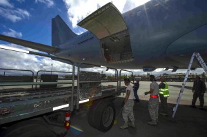 Members of the Royal Australian Air Force and U.S. Air Force Airmen work together to unload pallets from a KC-30 July 12, 2013, after the aircraft landed at Joint Base Pearl Harbor-Hickam, Hawaii, in support of Talisman Saber 2013. Talisman Saber forms part of the Australian Defense Force's extensive training program to ensure the ADF is prepared to protect and support Australia and its national interests. Talisman Saber is a bilateral exercise designed to train Australian and U.S. forces in planning and conducting combined task force operations in order to improve combat readiness and interoperability. (U.S. Air Force photo by Staff Sgt. Nathan Allen)