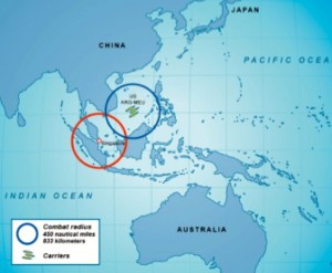 The key to the F-35 is the reach of the fleet not the range of a single aircraft. Here the intersection of USMC F-35Bs operating off of an ARG-MEU are seen intersecting with Singapore's F-35Bs. Credit Graphic: Second LIne of Defense