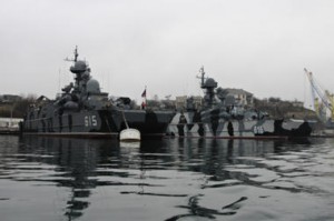 Russian military vessels sit at anchor at a navy base in the Black Sea port of Sevastopol. The Crimea can serve as a hub of military power projection into the region for the Russians. Reuters