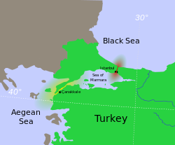 The Bosphorus (red) and the Dardanelles (yellow) are known collectively as the Turkish Straits. Credit: Wikepedia