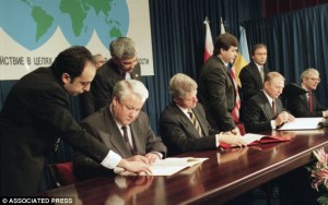 The Budapest Memorandum was signed in 1994 by Bill Clinton, John Major, Boris Yeltsin and Leonid Kuchma - the then-rulers of the USA, UK, Russia and Ukraine. It promises to protect Ukraine's borders, in return for Ukraine giving up its nuclear weapons. Credit Photo: AP