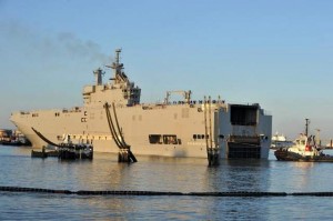 The second Mistral class ship is to be called ironically Sevastopol. The Mistral-class Vladivostok helicoper carrier ordered by Russia leaves its French shipyard for its first trial on March 5. (AFP/Getty Images)