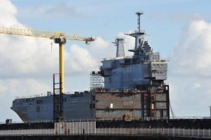 The incomplete forward section of the Sevastopol, seen at Saint-Nazaire in mid-April. Sevastapol is the second of two Mistral-class ships to be delivered to Russia, with the option of two more. (Courtesy of Leo Van Ginderen)