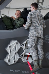 Maj. Gen. Jay Silveria, U. S. Air Force Warfare Center commander, has a laugh with Airman 1st Class John Patterson, 33rd Aircraft Maintenance Squadron, after completing his final qualifying flight in the F-35A Lightning II Sept. 26 at Eglin Air Force Base, Fla. Silveria became the first general officer in the Department of Defense to qualify in the fifth generation fighter. He completed his training with back-to-back flights and hot pit refueling. (U.S. Air Force photo/Samuel King Jr.)