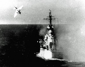 A kamikaze attack on a US warship during the Battle of Leyte Gulf, October 1944