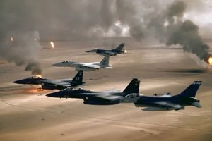 US Jets from 4th Fighter Wing Fly Over Oil Fires Set by Retreating Iraqi Forces during Operation Desert Storm. USAF Photo.