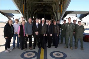 The Joint Standing Committee visit RAAF Base Amberley; (from the left) Sue Joyce, Nathan Fewkes, Group Captain Carl Newman, Mrs Jane Prentice MP, Dr Dennis Jensen MP, Senator David Fawcett, Air Commodore Michael Kitcher, Mr Alan Griffin MP, Mr Jerome Brown, Senator Linda Reynolds, Wing Commander Jo Elkington, Mr Josh Leslie, Warrant Officer Tony Hall, Flight Lieutenant Jack Appleton, Sergeant Robert Lee and Flight Lieutenant Melissa Picton. *** Local Caption *** On 19 June 2015, the Joint Standing Committee on Foreign Affairs, Defence and Trade conducted a base visit to RAAF Base Amberley.Travelling to Amberley on an Air Force C-130J Hercules aircraft they witnessed the dispatching of stores from the rear of the aircraft while in flight. The base visit included briefings by key Air Force and Army units, including a lunch with Gap Year participants. The Joint Standing Committee considers, and reports on, matters that relate to foreign affairs, defence, trade and human rights. The Committee may also inquire into matters raised in annual reports of relevant Commonwealth Government departments and authorities or in reports of the Commonwealth Auditor-General.