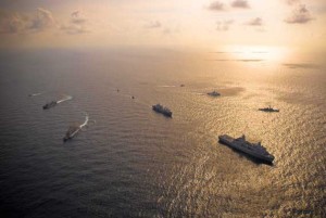 A multi-national naval force, including the San Antonio class-amphibious transport dock ship USS Mesa Verde, USS Doyle, USCGC Mohawk, the Colombian navy frigate ARC Independiente, the Dutch navy auxiliary ship HMNLS Amsterdam, and the Uruguayan navy frigate General Artigas, underway in formation as part of FuerzasAliadas PANAMAX 2009. FA PANAMAX is an annual multi-national training exercise tailored to the defense of the Panama Canal. 