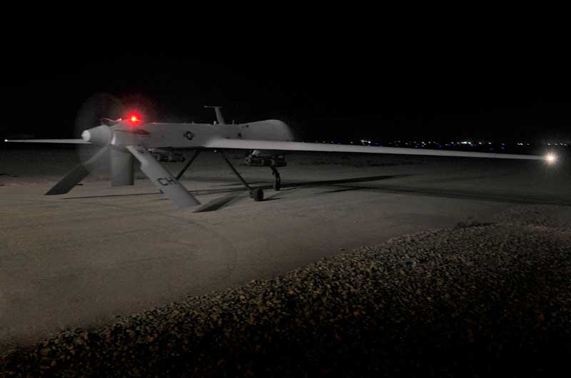 An MQ-1 Predator Unmanned Aerial Vehicle launches for a night flight mission over southeastern Iraq, July 29, 2009. The aircraft serves in a surveillance and reconnaissance role but is also capable of firing two AGM-114 Hellfire missiles (Credit: 407th Expeditionary Group Public Affairs, 8/15/09)