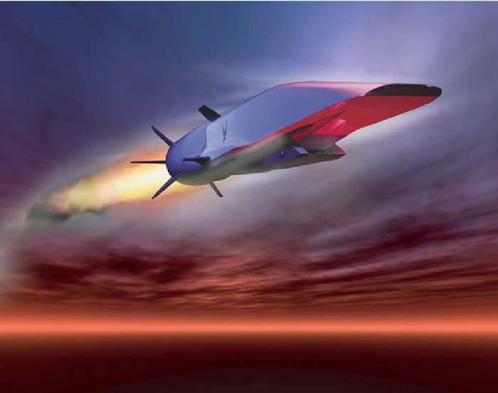 This Air Force illustration depicts the X-51A Waverider scramjet vehicle during hypersonic flight during its May 26, 2010 test. Powered by a Pratt & Whitney Rocketdyne SJY61 scramjet engine, it is designed to ride on its own shockwave and accelerate to about Mach 6. (Credit: http://www.space.com/8617-air-force-sees-hypersonic-weapons-spaceships-future.html)