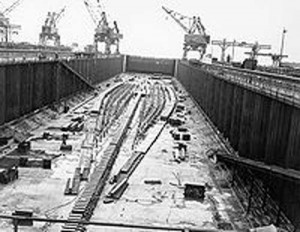 USS United States, pictured in drydock with her keel laid. The cancellation of USS United States and her sister ships were the major factor in the "Revolt of the Admirals" (Credit: http://en.wikipedia.org/wiki/Revolt_of_the_Admirals)