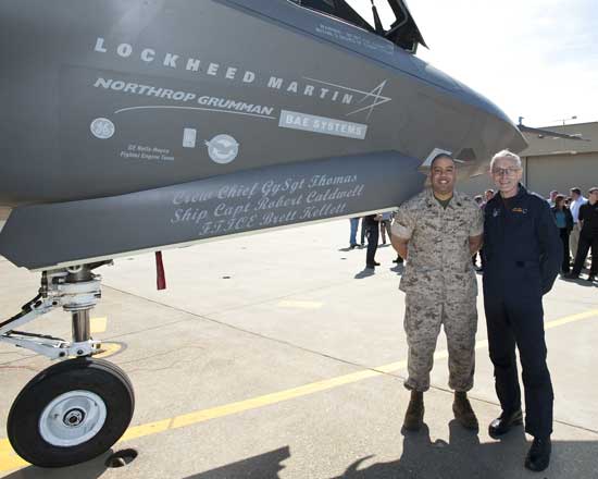 Gny Sgt Thomas, Pax River Maintenance Chief, with an F-35. (Credit: JPO) Gny Sgt Thomas, Pax River Maintenance Chief, with an F-35. (Credit: JPO)