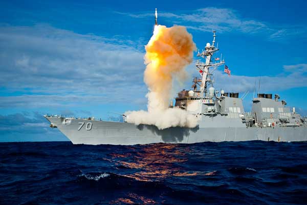 During exercise Stellar Avenger, the Aegis-class destroyer USS Hopper launches a standard missile 3 Blk IA, successfully intercepting a sub-scale short range ballistic missile, launched from the Kauai Test Facility, Pacific Missile Range Facility, Barking Sans, Kauai.  (Credit: USN Visual Service, 7/31/09)