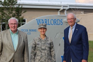 Ed Timperlake, Mike Wynne and Karen Roganov, the 33rd FW PAO in front of the Ready Room for the Warlords. Credit Photo: SLD 