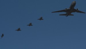 A four-ship formation of Swedish JAS-39 Gripen fighter jets follow a refueling aircraft as they arrive from Maine to participate in RED FLAG 13-2 Jan. 17, 2013, at Nellis Air Force Base, Nev. (U.S. Air Force photo by Senior Airman Daniel Hughes) 