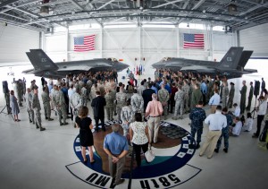 Defense Secretary Chuck Hagel addresses 33rd Fighter Wing service members during a troop call July 10 at Eglin Air Force Base, Fla. Hagel visited the base to tour the wing and the F-35 Lightning II integrated training center. During his tour, he held a 45-minute troop call to praise the work of the service members who began and continue to improve the DOD’s newest fighter program. (U.S. Air Force photo/Samuel King Jr.)