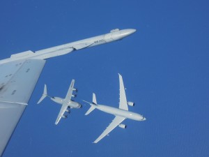 A400M being refueled by A330MRTT tanker, July 2014. Wing of F-18 chase plane in foreground.Credit Airbus Military 