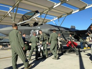 Capt. Brent Golden, 16th Weapons Squadron instructor, is greeted by Maj. Gen. Jay Silveria, U.S. Air Force Warfare Center commander, after arriving in the Weapons School's first F-35A Lightning II at Nellis, January 15, 2015. Credit: USAF 