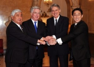 On January 21 (Wed.), from 1:00 p.m. to 3:00 p.m. (U.K. time), Mr. Fumio Kishida, Minister for Foreign Affairs, and Mr. Gen Nakatani, Minister of Defence, who visited the United Kingdom, held a Japan-UK Foreign and Defence Ministers’ Meeting with Mr. Philip Hammond, Secretary of State for Foreign and Commonwealth Affairs, and Mr. Michael Fallon, Secretary of State for Defence. Credit Japanese Ministry of Foreign Affairs