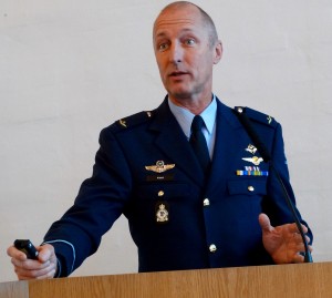 Air Commodore Dré Kraak, Project Manager European Aircrew Training Center, Royal Netherlands Air Force, addressing the Copenhagen Airpower Conference. Credit: SLD 