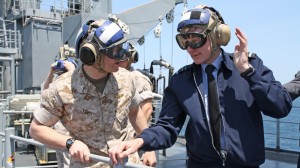 U.S. Marine Corps Col. Matthew Kelly, military assistant to the Assistant Secretary of the Navy for Research, Development and Acquisition, provides background on the Marine Corps’ F-35B program to Air Marshall Bollam, Chief of Defence Material Air, United Kingdom, aboard USS Wasp while embarked in the Atlantic Ocean May 20, 2015. The current Marine Corps operational test, scheduled to continue through the end of May, will assess the integration of the F-35B while operating across a wide array of flight and deck operations, maintenance operations and logistical supply chain support in an at-sea environment. A former test pilot and career Marine aviator, Kelly participated in the earlier shipboard developmental tests of the F-35B. Royal Navy and Royal Air Force pilots are scheduled to begin flying the F-35B from the UK in 2018, and are on track to operate from the Queen Elizabeth Class aircraft carriers in 2020.