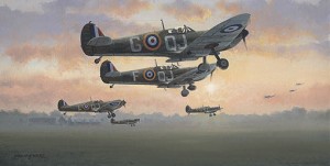 Another busy start to the day at Biggin Hill in the summer of 1940. The Battle of Britain is at its height and 92 Squadron Spitfires with Geoffrey Wellum in ‘G’ for George, depart under early morning sunlight to engage a mass of incoming enemy aircraft over the southeast coast. By the end of 1940 the Squadron was credited with having destroyed 127 German aircraft. (Credit photo: The Philip Alexander Air, Sea, Land & Fantasy Art Exhibit, www.rb-29.net) 