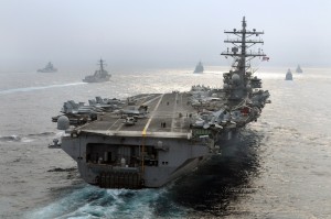 The Ronald Reagan Carrier Strike Group and the Indian Navy's Western Fleet sail in formation in front of the Nimitz-class aircraft carrier USS Ronald Reagan during a passing exercise. The PASSEX symbolized the completion of the exercise, which was designed to increase cooperation between the Indian and U.S. Navies while enhancing the cooperative security relationship between India and the U.S. Ronald Reagan Carrier Strike Group is on a routine deployment in the 7th Fleet area of responsibility. Operating in the Western Pacific and Indian Ocean, the U.S. 7th Fleet is the largest of the forward-deployed U.S. fleets covering 52 million square miles, with approximately 50 ships, 120 aircraft and 20,000 Sailors and Marines assigned at any given time. 