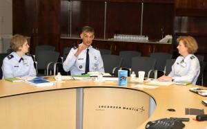 Air Force Col. Alex Stathopoulos, Defense Contract Management Agency Lockheed Martin Fort Worth commander, discusses the current state of the F-35 Lightning II joint strike fighter program with Air Force Lt. Gen. Wendy Masiello (right), DCMA director, and Air Force Lt. Col. Summer Clovis, the agency’s executive officer, during a recent command visit to the agency’s LM Fort Worth facility.