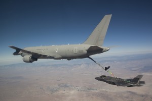 An American JSF AF-4 from the 461 FLTS, Edwards AFB, CA, piloted by Maj. Charles "FLAK" Trickey performs the first contact and fuel transfer from a KC-767 foreign partner Italian Tanker.